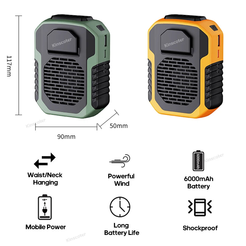 Kinscoter® 6000mAh Wearable Neck & Waist Fan – USB Rechargeable Portable Fan