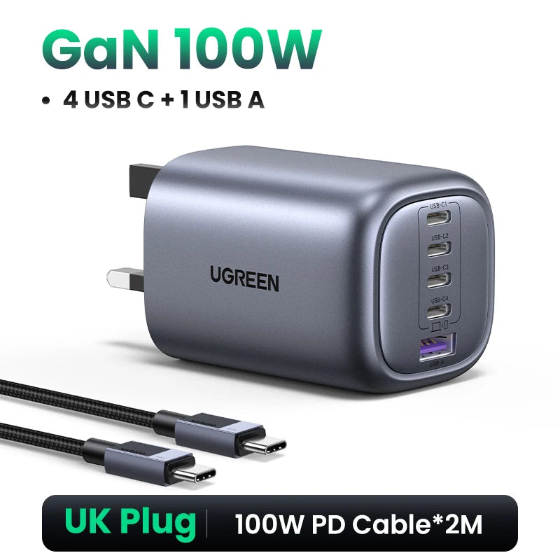 UGREEN® 100W 5-Port USB-C Charger | QC 4.0/3.0 PPS Power Adapter for MacBook, iPad, iPhone 16/15/14 Pro & Laptops